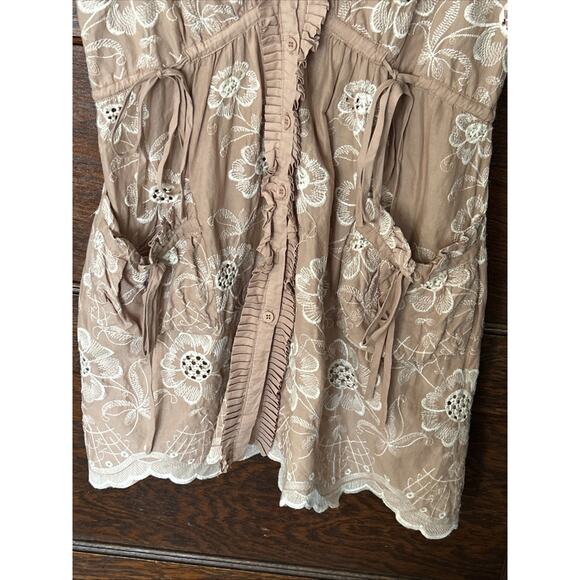 LuPruia Tan Cream Floral Embroidered Eyelet Cotton Button Front Dress Sz L Pleat - Picture 5 of 12